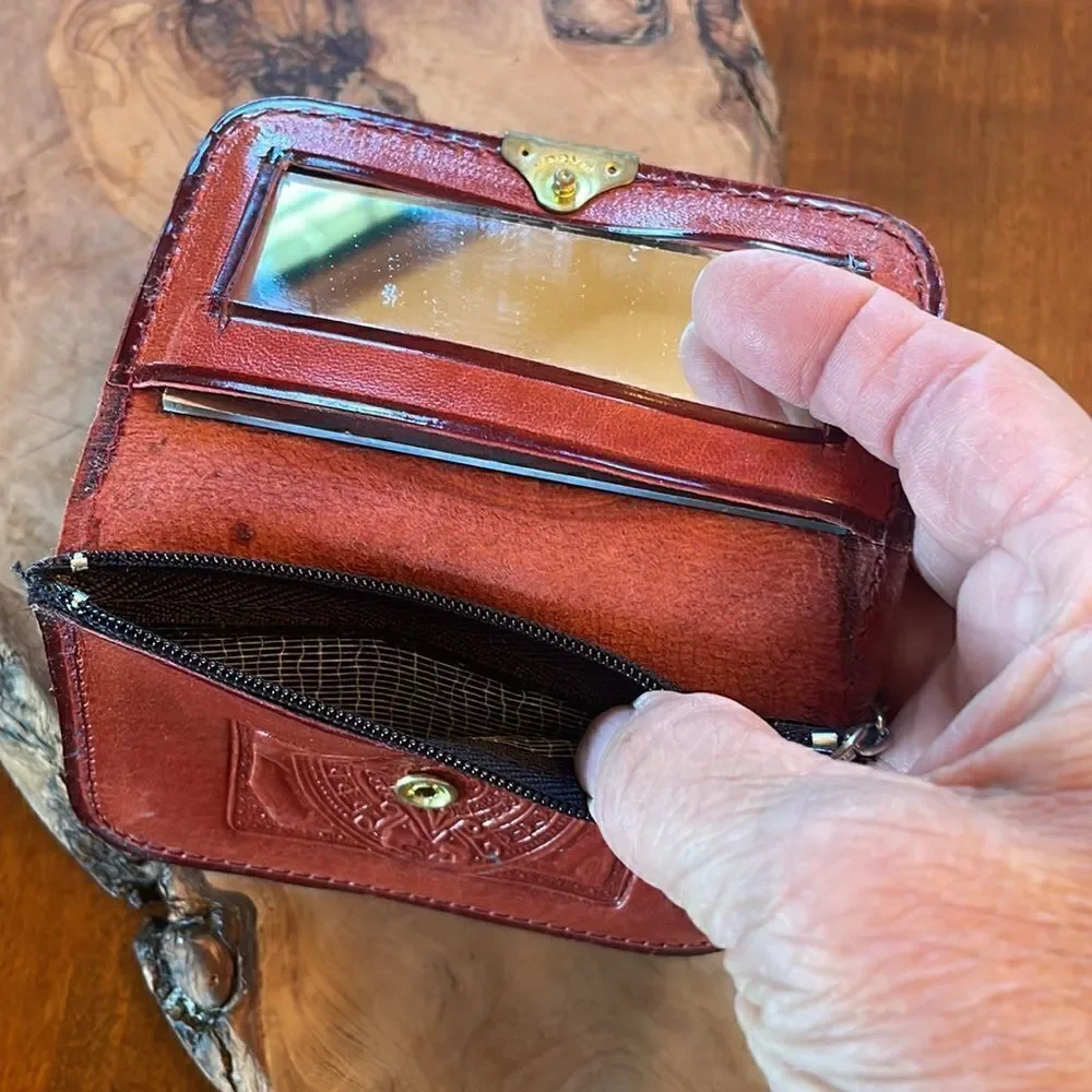 Vintage Hand Tooled Wallet with Mirror & Key Ring